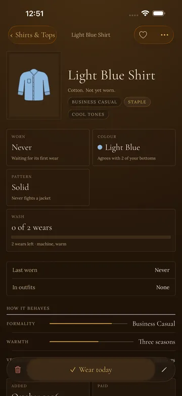 A garment detail screen with wears, washes and cost per wear
